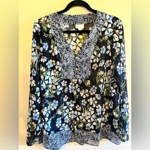 J. Jill Black and Blue Graphic Bib Collar Blouse